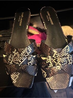 Saint Laurent Snake-Print Woven Slide Mules in Brown & Cream